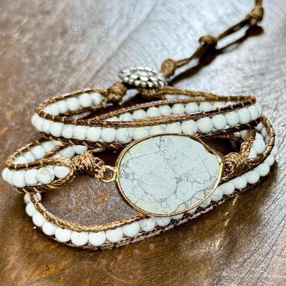 White & Gray Marbled Beads with Golden Brown Wrap Bracelet or Necklace NWOT